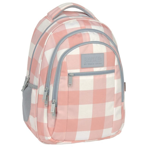 Mochila escolar BackUP O 34 Xadrez Nude, vista frontal