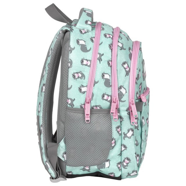 Vista lateral da mochila com bolso para a garrafa de água