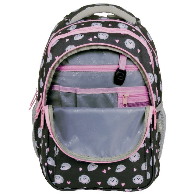 Bolso largo da frente com fecho, com espaço para lancheira