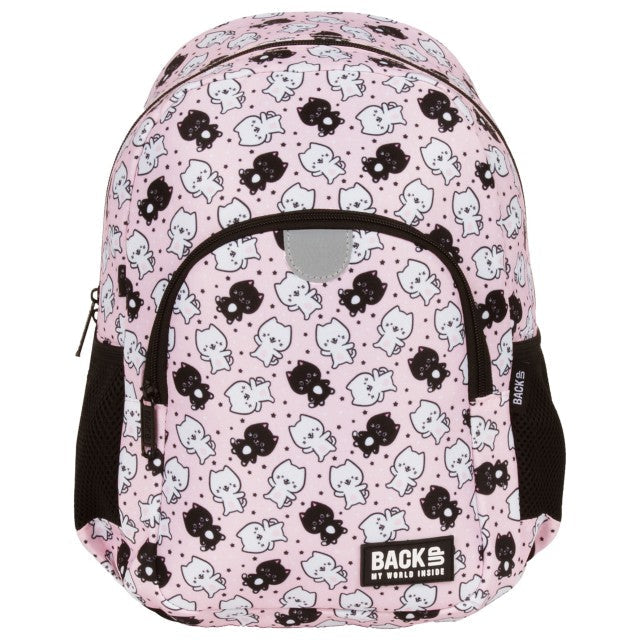 Mochila Gatinhos Rosa Pequena vista lateral com bolso para cantil