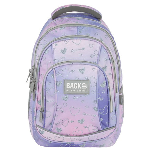 Pormenor do degradê roxo e rosa com corações prateados