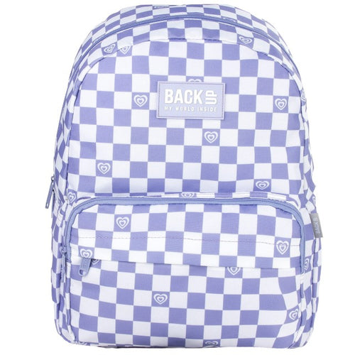 Pormenor do xadrez roxo e branco com pequenos corações