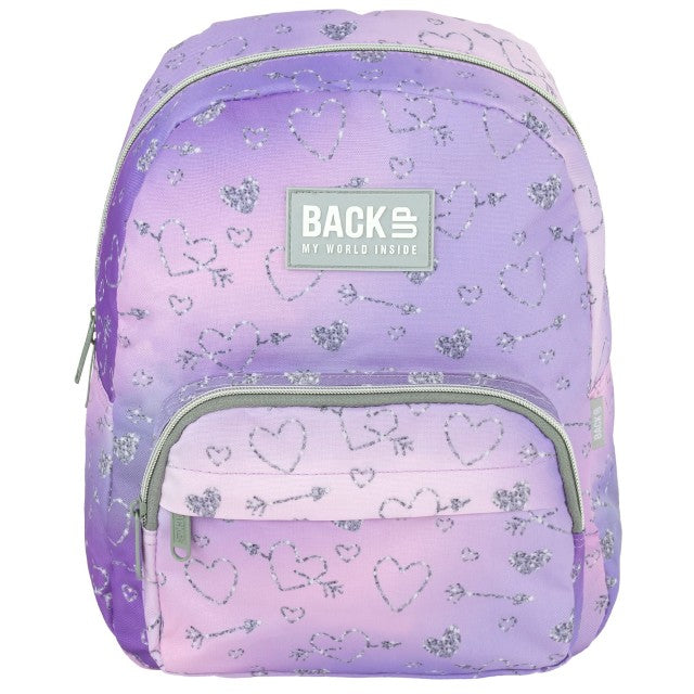 Tamanho Compacta 36x27x16, pormenor do degradê roxo e rosa com corações prateados