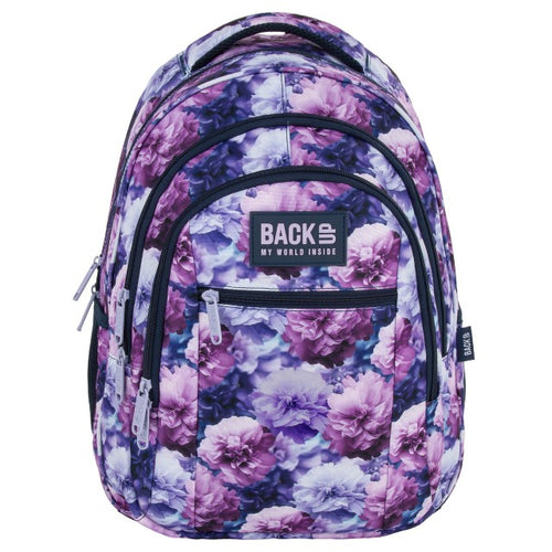 Mochila BackUP O 02 Violet Bloom, vista lateral com bolso para garrafa