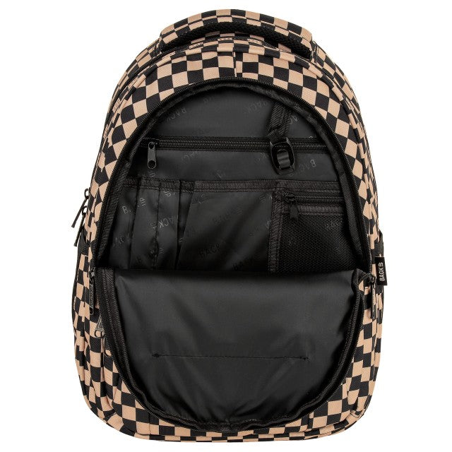 Mochila BackUP O 24 Xadrez Bege, fundo reforçado e pega