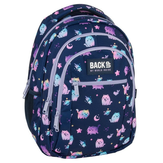Mochila escolar BackUP O 25 Violet Kittens, vista frontal