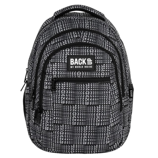 Mochila BackUP O 42 Letters, vista lateral com bolso para garrafa