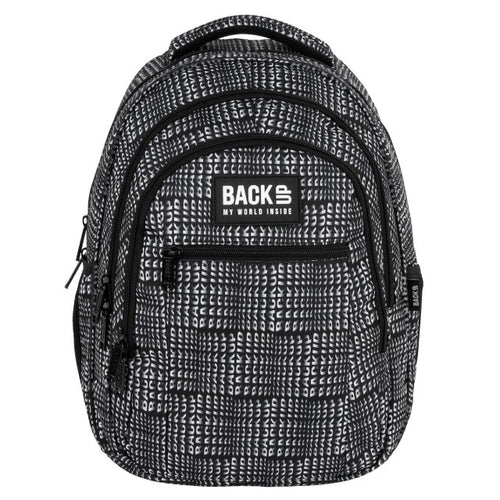 Mochila BackUP O 42 Letters, vista lateral com bolso para garrafa