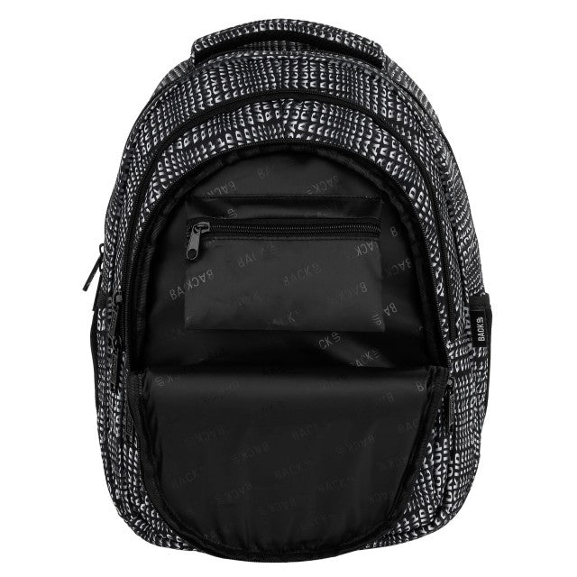Mochila BackUP O 42 Letters, detalhe do padrão de letras a preto e branco