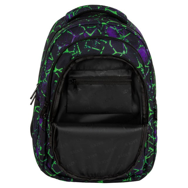 Mochila BackUP O 52 Pulse, detalhe do padrão em verde néon e roxo