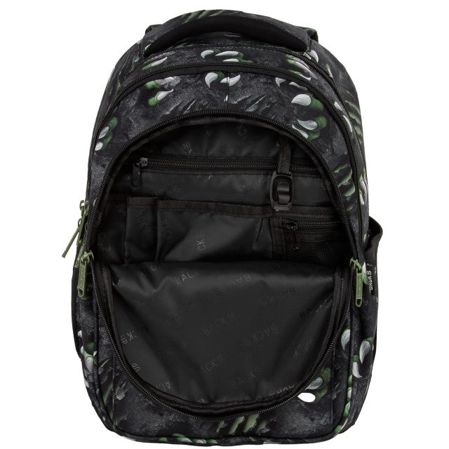 Mochila BackUP P 62 Rex, detalhe das marcas de garra em verde