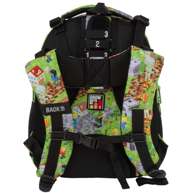 Mochila BackUP R 61 Game, detalhe do padrão de pixels e personagens