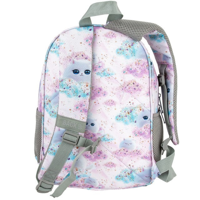 Mochila BackUP Dreamy Pequena, detalhe do padrão de gatinhos e nuvens