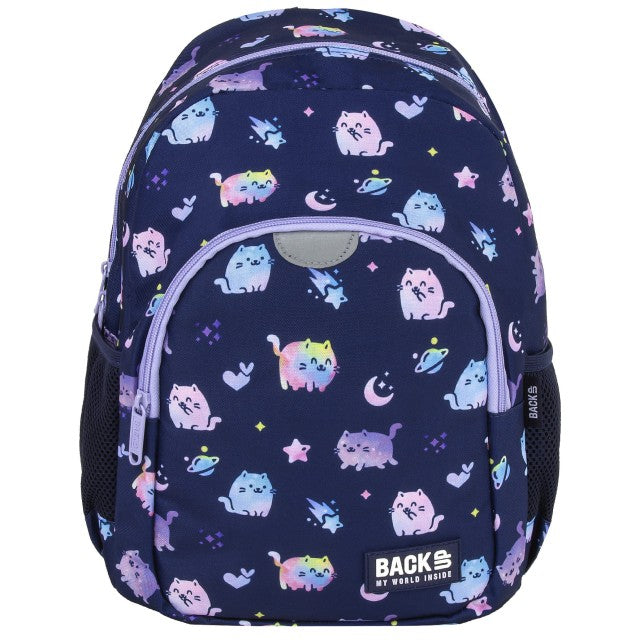 Mochila BackUP Violet Kittens Pequena, vista lateral com bolso para garrafa