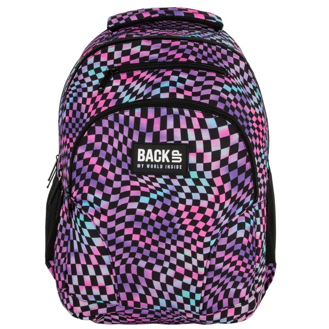 Mochila BackUP Crazy Checkerboard Extra Grande, vista lateral com bolso para garrafa