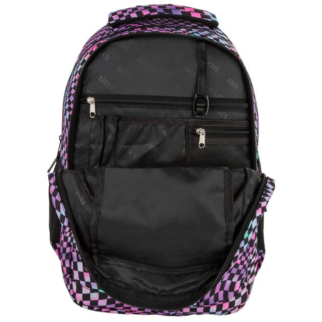 Mochila BackUP Crazy Checkerboard Extra Grande, detalhe do padrão xadrez em roxo e turquesa