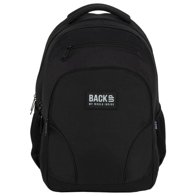 Mochila BackUP W 56 preta vista de lado com bolso para garrafa