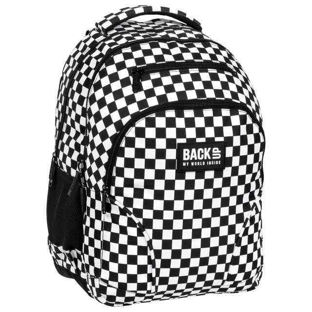 Mochila escolar BackUP W 94 com padrão xadrez, vista frontal