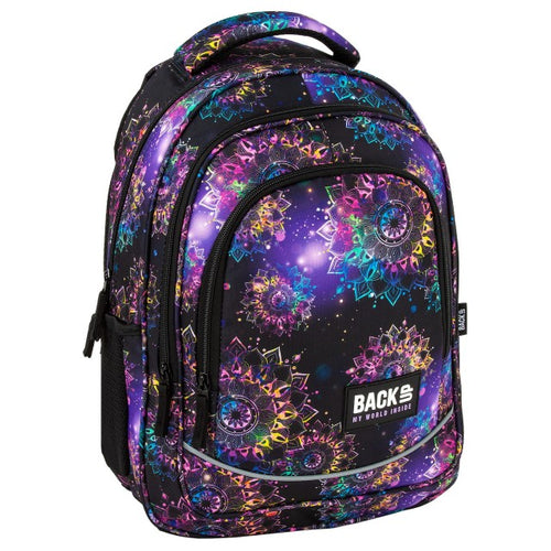 Mochila escolar BackUP X 30 com mandalas coloridas, vista frontal