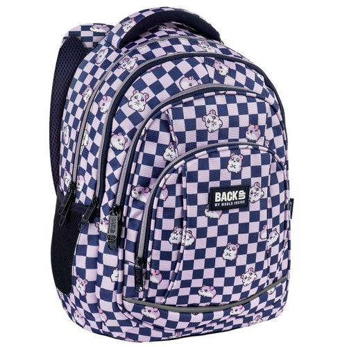 Mochila escolar BackUP A 30 com hamsters e xadrez, vista frontal