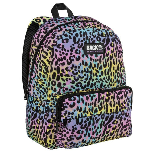 Mochila BackUP C 28 com leopardo em degradé roxo e azul, vista frontal