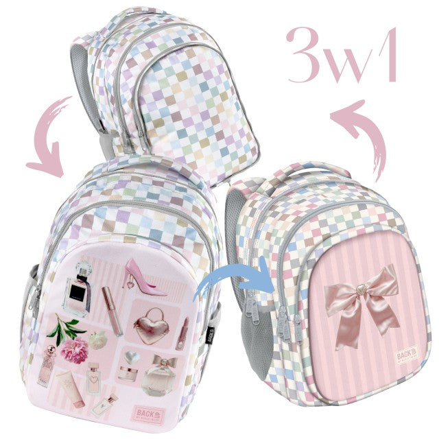 Mochila xadrez pastel no tamanho grande 42x32x22 com painel reversível, vista frontal