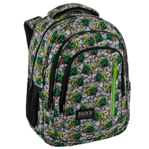 Mochila BackUP G 78 com blocos pixelizados verdes e cinzentos, vista frontal