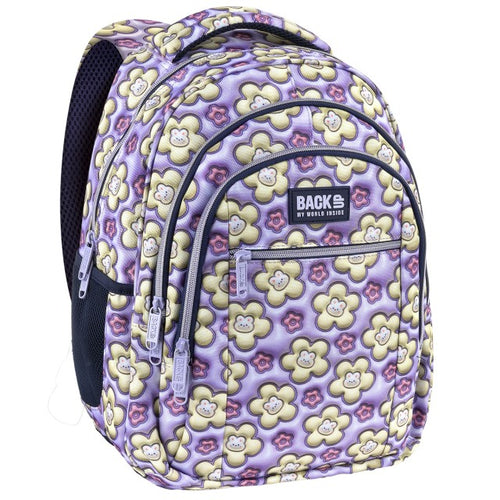 Mochila escolar BackUP O 43 com coelhos e flores 3D, vista frontal