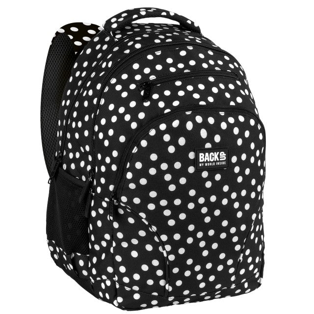 Mochila BackUP W 05 com bolinhas a preto e branco, vista frontal