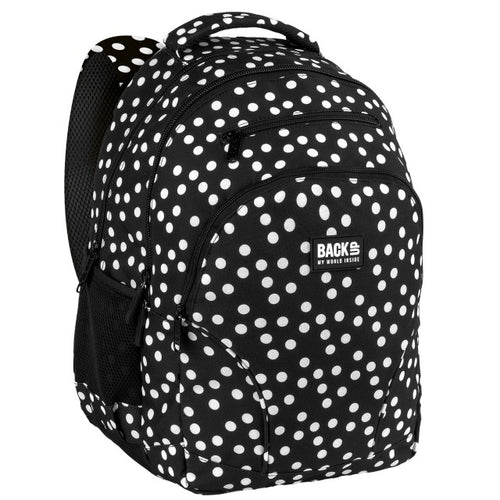 Mochila BackUP W 05 com bolinhas a preto e branco, vista frontal
