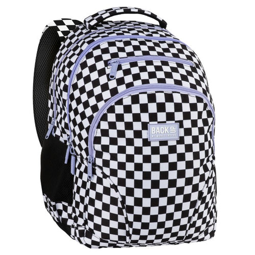Mochila BackUP W 94F em xadrez preto e branco com violeta, vista frontal