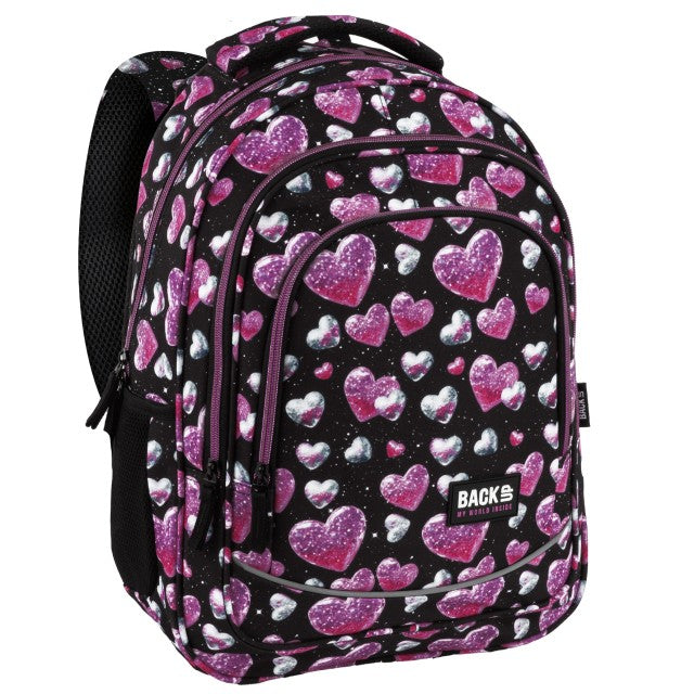 Mochila BackUP X 32 com corações rosa e prateados, vista frontal