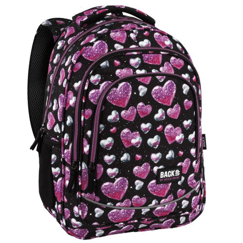 Mochila BackUP X 32 com corações rosa e prateados, vista frontal