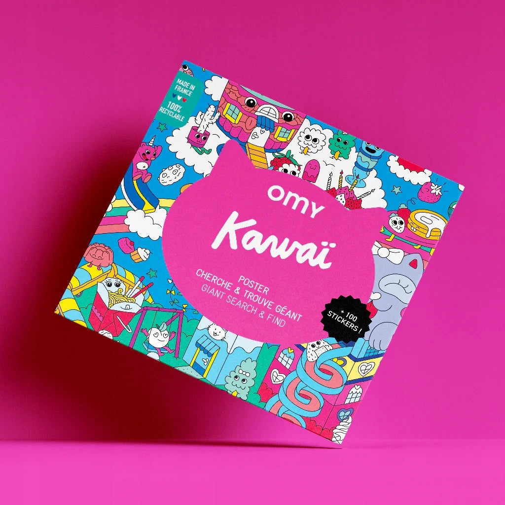 Caixa do poster OMY Kawaii em close-up, com ilustrações vibrantes e coloridas em tons de rosa, azul e verde. A caixa apresenta o logótipo OMY e a palavra "Kawaii" em destaque, com a indicação "+ 100 Stickers".