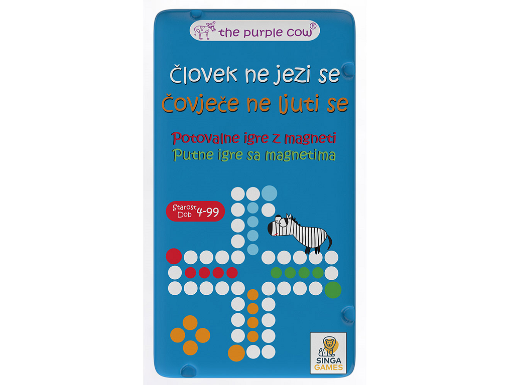Capa azul do jogo magnético Ludo da The Purple Cow, mostrando o tabuleiro com peças coloridas e a indicação de idade 4-99.