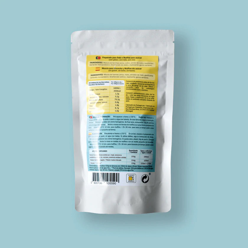 Verso da embalagem de Fidu Preparado para Bolo e Muffins sem açúcar 250gr com informações nutricionais e instruções de preparação.