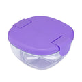 Tigela de lanche Yumbox fechada, vista de cima, com tampa roxa lisa e fechos laterais.