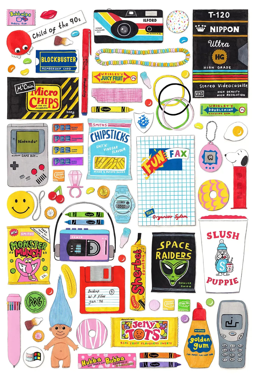 Ilustração completa e detalhada do Puzzle Happily - Happily in the 90's, com diversos objetos icónicos da década de 90.