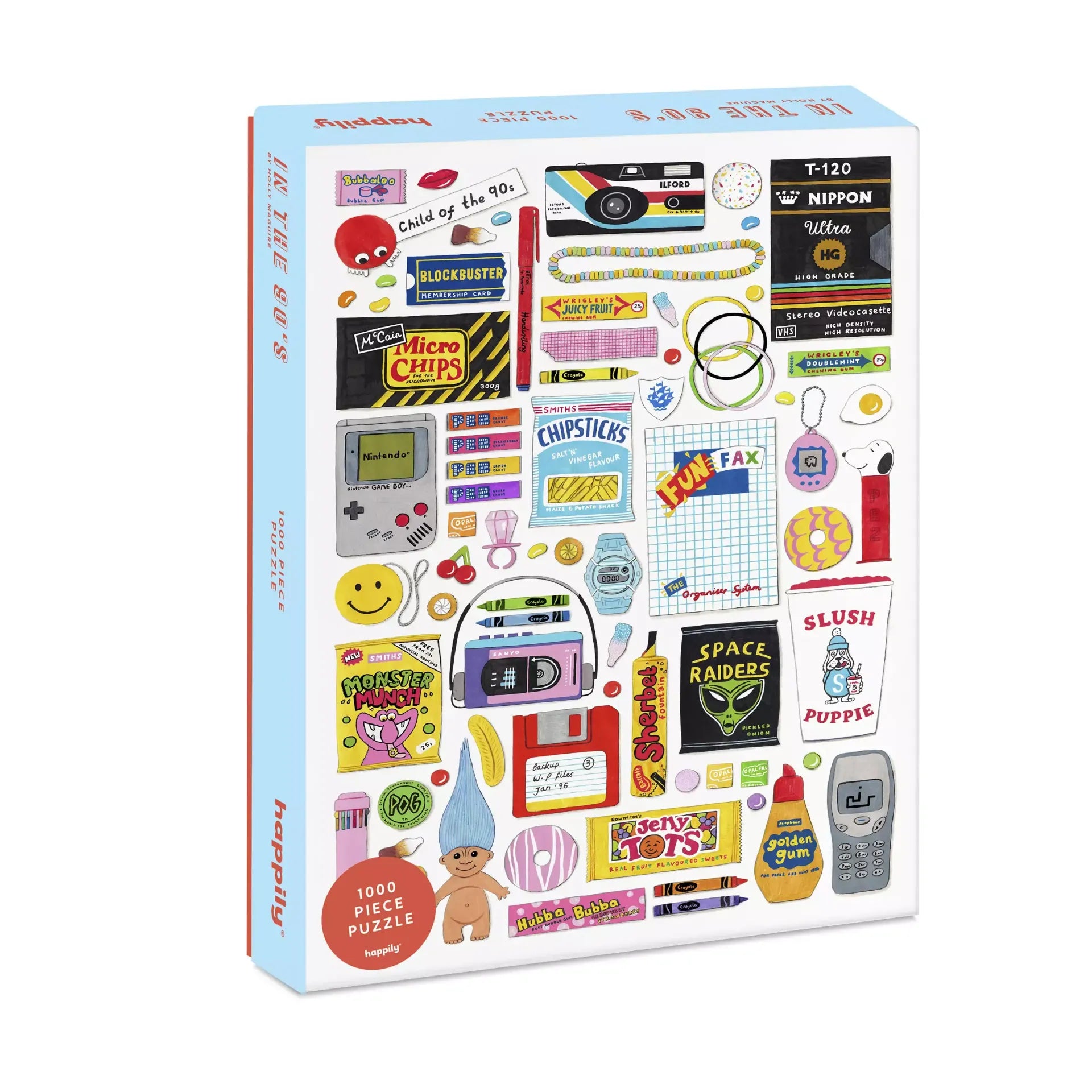 Caixa do Puzzle Happily - Happily in the 90's de 1000 Peças, exibindo a ilustração colorida e nostálgica dos anos 90.
