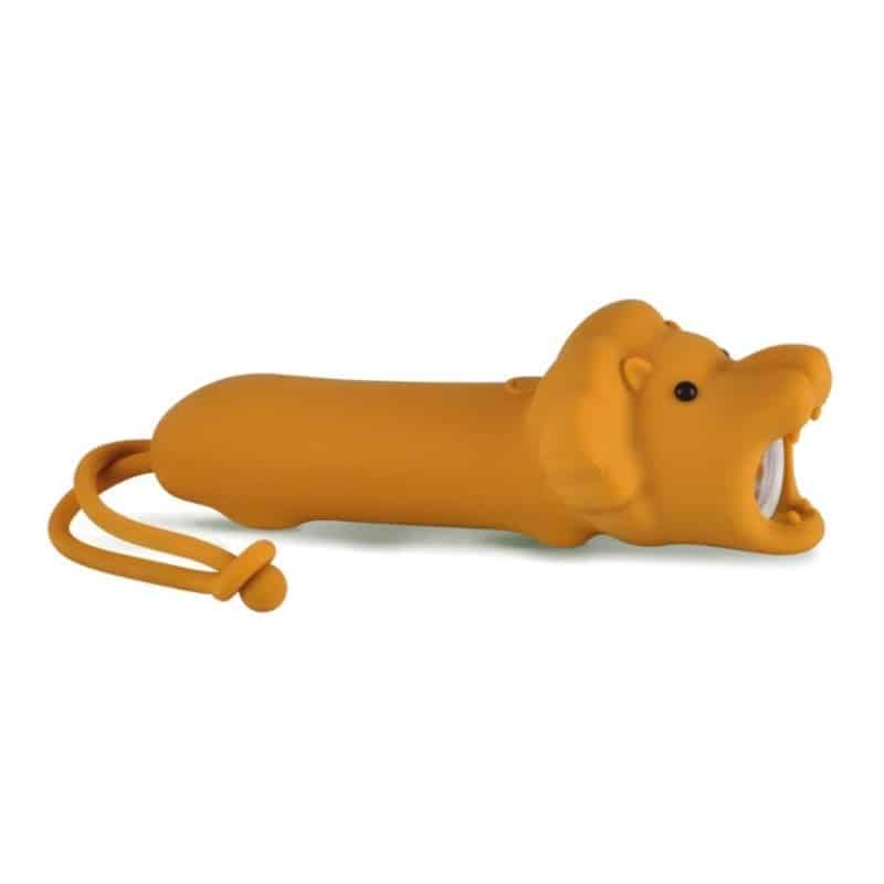 Lanterna infantil Rabbit e Friends Leo em silicone suave, com design de leão/cão, vista lateral em fundo branco.