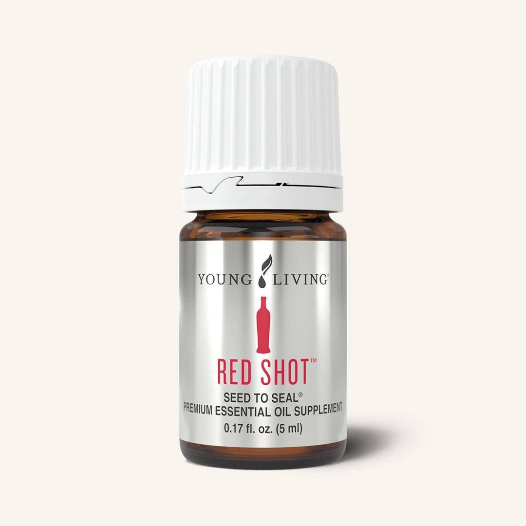 Frasco de 5ml do Óleo Essencial Young Living Red Shot, um suplemento alimentar cítrico com o rótulo Seed to Seal.