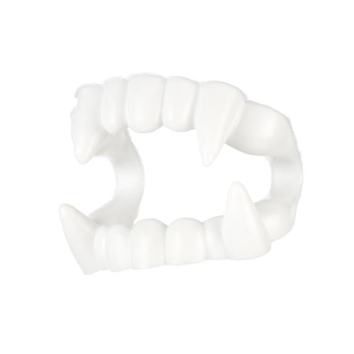 Dentadura de vampiro branca de plástico, com presas pontiagudas, incluída no conjunto Souza Drácula.