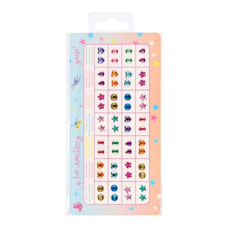 Cartela de autocolantes de brincos Souza coloridos em formatos variados como corações, estrelas e gemas, para crianças.