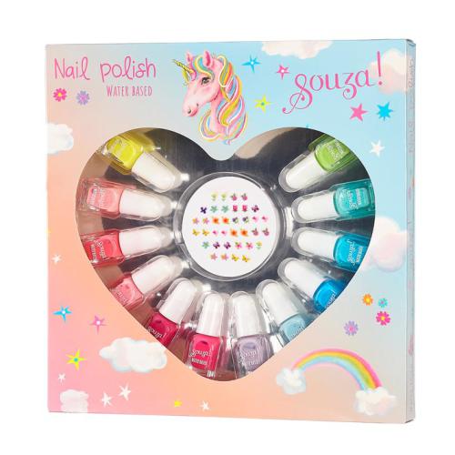 Conjunto de 12 vernizes infantis Souza à base de água em várias cores e stickers de flores, dentro de uma caixa decorada com unicórnio e arco-íris.