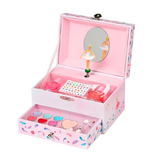 Caixa de música rosa Souza aberta, revelando uma bailarina a dançar, um espelho oval e maquilhagem como verniz e autocolantes no compartimento superior, com uma gaveta inferior aberta mostrando sombras e blushes em forma de coração.