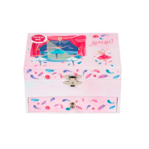 Caixa de música Souza fechada, vista frontal, com ilustrações de bailarinas e penas, um fecho metálico e a inscrição "Souza!" na tampa.