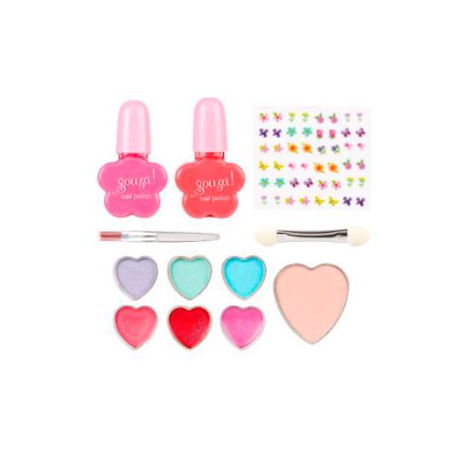 Detalhe do set de maquilhagem da Souza, incluindo dois vernizes para as unhas cor de rosa, autocolantes de flores, pincéis e seis sombras/blushes em forma de coração.