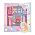 Souza Set Beleza Unicórnio em caixa colorida, mostrando paleta de sombras, lipgloss, vernizes, lima e unhas postiças.