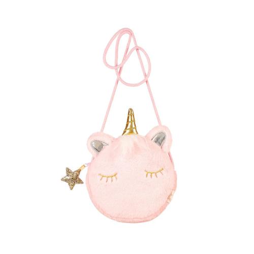 Mala tiracolo Souza Lula unicórnio rosa de pelo, com chifre dourado, olhos bordados e uma estrela brilhante no fecho, para crianças.