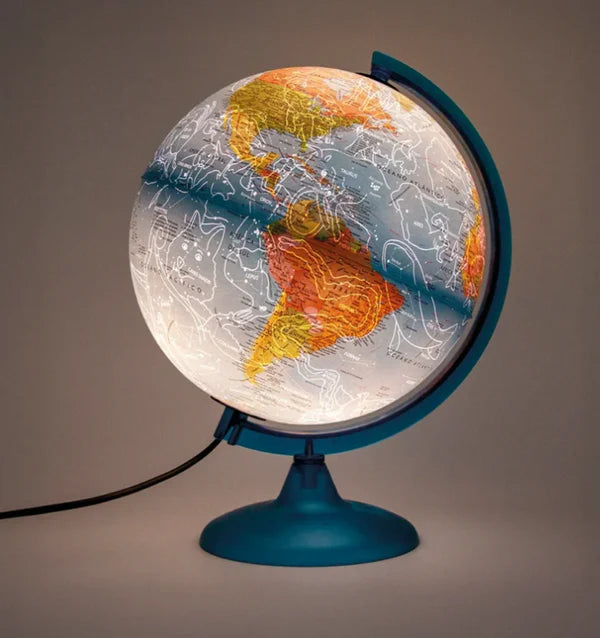 Globo terrestre Tecnodidattica Night and Day 25cm iluminado, revelando um mapa de constelações.